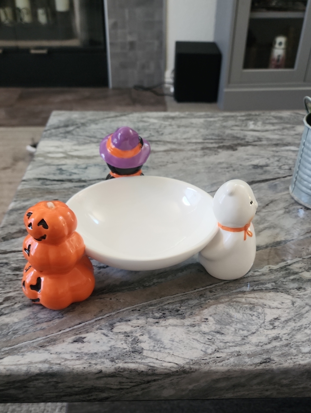Hallmark Halloween Ghost, Black Cat, & Pumpkins Holding Treat Bowl Candy Dish